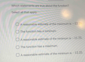 Which statements are true about the function?
Select all that apply.
A reasonable estimate of the maximum is —12.25.
The function has a minimum.
A reasonable estimate of the minimum is —11.75.
The function has a maximum.
A reasonable estimate of the minimum is —12.25.