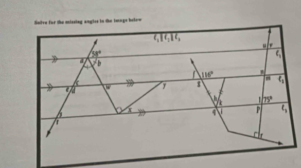 Solve for the missing angles in the image below