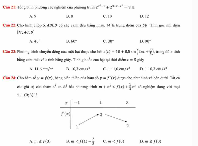 Tổng bình phương các nghiệm của phương trình 2^(x^2)-x+2^(3+x-x^2)=9 là
A. 9 B. 8 C. 10 D. 12
Câu 22:Cho hình chóp S.ABCD có các cạnh đều bằng nhau, M là trung điểm ciaSB. Tính góc nhị diện
[M;AC;B]
A. 45° B. 60° C. 30° D. 90°
Câu 23: Phương trình chuyển động của một hạt được cho bởi s(t)=10+0,5sin (2π t+ π /5 ) , trong đó s tính
bằng centimét và t tính bằng giây. Tính gia tốc của hạt tại thời điểm t=5 giây
A. 11,6cm/s^2 B. 10,3cm/s^2 C. -11,6cm/s^2 D. -10,3cm/s^2
Câu 24: Cho hàm số y=f(x) , bảng biển thiên của hàm số y=f'(x) được cho như hình vẽ bên dưới. Tất cả
các giá trị của tham số m để bắt phương trình m+x^2 có nghiệm đúng với mọi
x∈ (0;3) là
A. m≤ f(3) B. m C. m D. m≤ f(0)