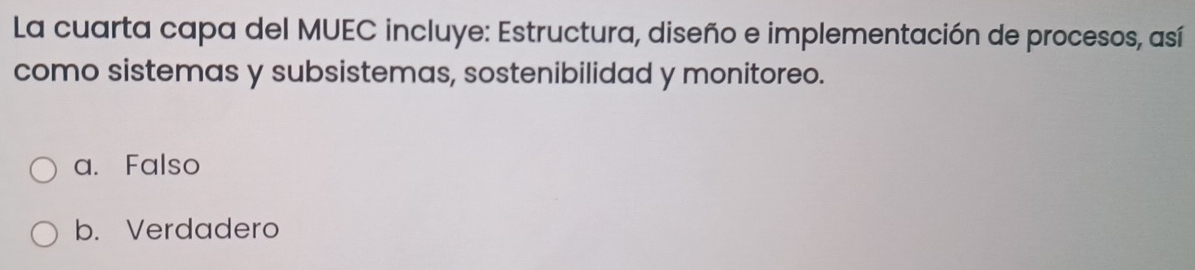 La cuarta capa del MUEC incluye: Estructura, diseño e implementación de procesos, así
como sistemas y subsistemas, sostenibilidad y monitoreo.
a. Falso
b. Verdadero