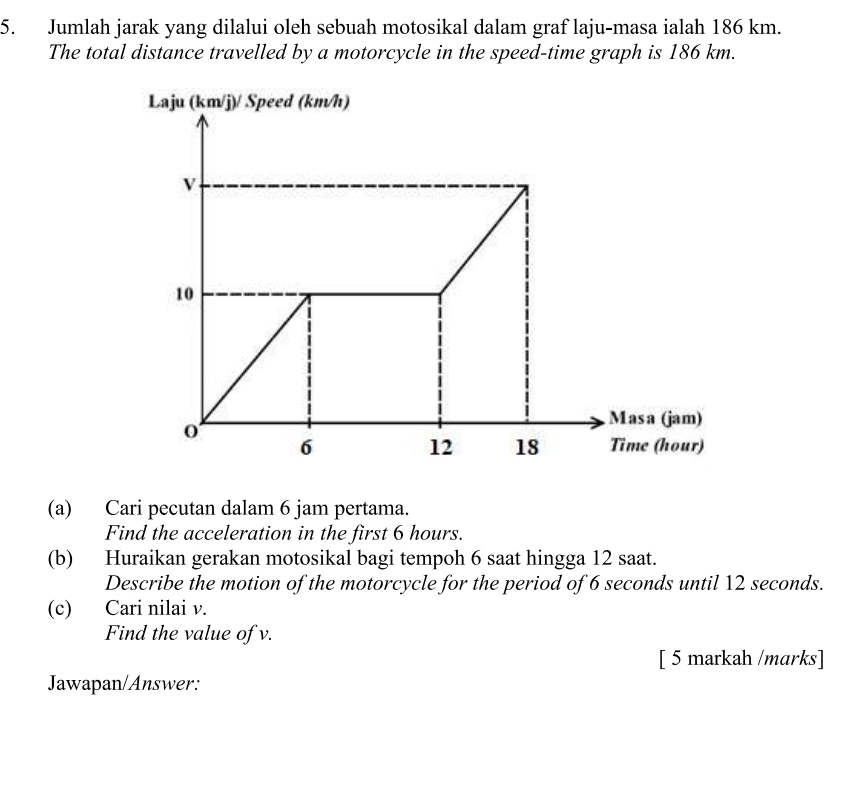 Jumlah jarak yang dilalui oleh sebuah motosikal dalam graf laju-masa ialah 186 km. 
The total distance travelled by a motorcycle in the speed-time graph is 186 km. 
(a) Cari pecutan dalam 6 jam pertama. 
Find the acceleration in the first 6 hours. 
(b) Huraikan gerakan motosikal bagi tempoh 6 saat hingga 12 saat. 
Describe the motion of the motorcycle for the period of 6 seconds until 12 seconds. 
(c) Cari nilai v. 
Find the value of v. 
[ 5 markah /marks] 
Jawapan/Answer: