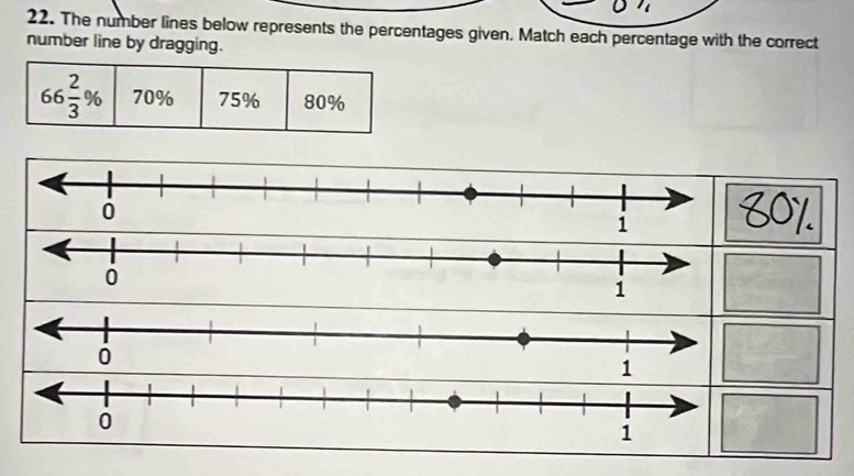 The number lines below represents the percentages given. Match each percentage with the correct 
number line by dragging.
66 2/3 % 70% 75% 80%