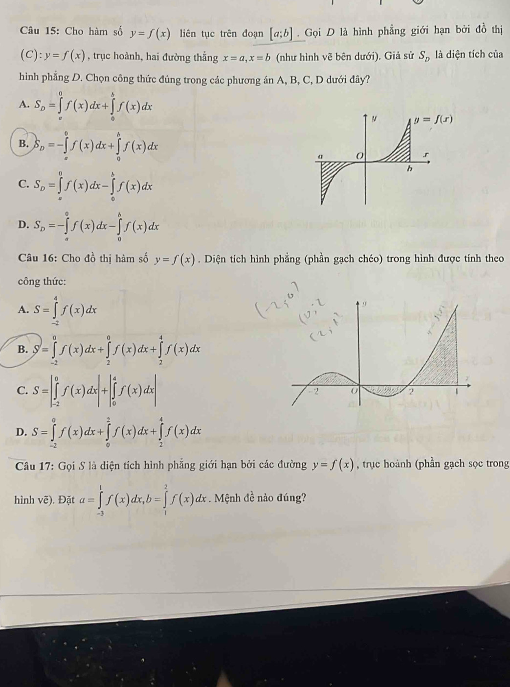 Cho hàm số y=f(x) liên tục trên đoạn [a;b]. Gọi D là hình phẳng giới hạn bởi dhat o thj
C):y=f(x) , trục hoành, hai đường thẳng x=a,x=b (như hình vẽ bên dưới). Giả sử S_D là diện tích của
hình phẳng D. Chọn công thức đúng trong các phương án A, B, C, D dưới đây?
A. S_D=∈tlimits _a^(0f(x)dx+∈tlimits _0^bf(x)dx
B. S_D)=-∈tlimits _a^(0f(x)dx+∈tlimits _0^bf(x)dx
C. S_D)=∈tlimits _a^(0f(x)dx-∈tlimits _0^bf(x)dx
D. S_D)=-∈tlimits _a^0f(x)dx-∈tlimits _0^bf(x)dx
Câu 16: Cho đồ thị hàm số y=f(x). Diện tích hình phẳng (phần gạch chéo) trong hình được tính theo
công thức:
A. S=∈tlimits _(-2)^4f(x)dx
B. S=∈tlimits _(-2)^0f(x)dx+∈tlimits _2^0f(x)dx+∈tlimits _2^4f(x)dx
C. S=|∈tlimits _(-2)^0f(x)dx|+|∈tlimits _0^4f(x)dx|
D. S=∈tlimits _(-2)^0f(x)dx+∈tlimits _0^2f(x)dx+∈tlimits _2^4f(x)dx
Câu 17: Gọi S là diện tích hình phẳng giới hạn bởi các đường y=f(x) , trục hoành (phần gạch sọc trong
hình vẽ). Đặt a=∈tlimits _(-3)^1f(x)dx,b=∈tlimits _1^2f(x)dx. Mệnh đề nào đúng?