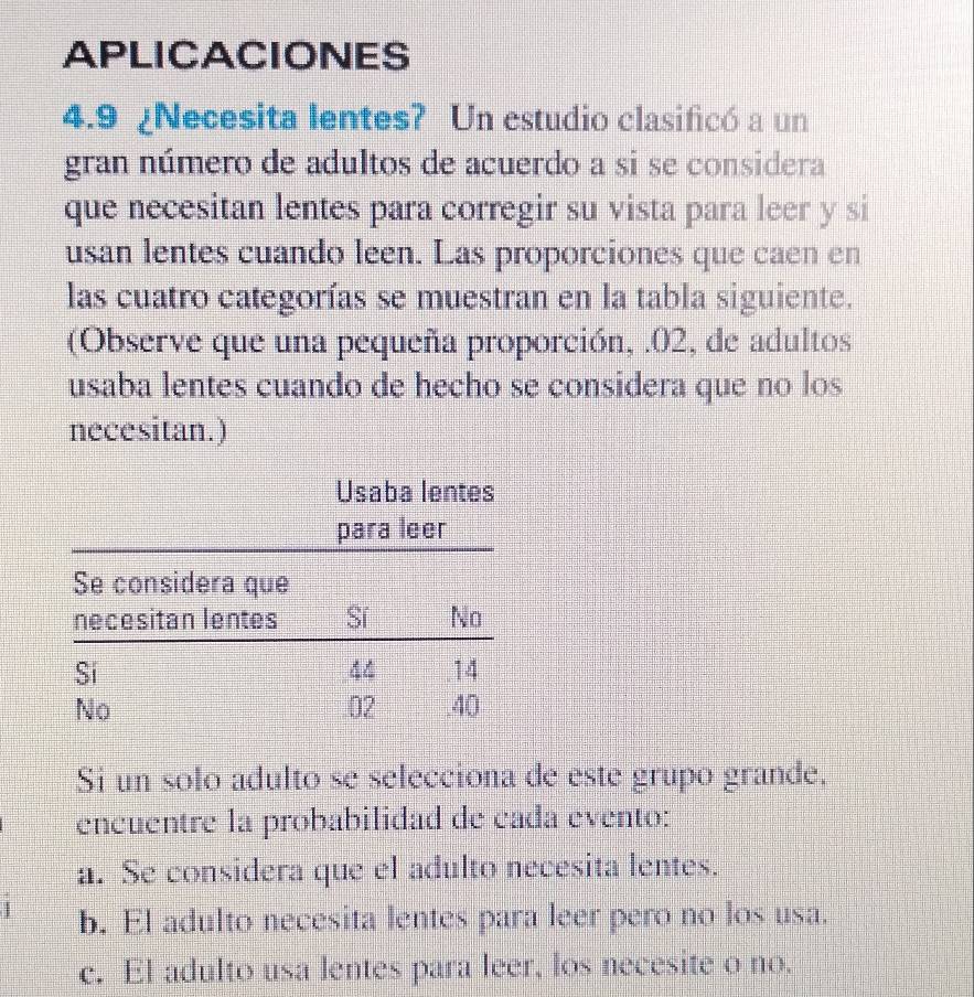 APLICACIONES
4.9 ¿Necesita lentes? Un estudio clasificó a un
gran número de adultos de acuerdo a si se considera
que necesitan lentes para corregir su vista para leer y si
usan lentes cuando leen. Las proporciones que caen en
las cuatro categorías se muestran en la tabla siguiente.
(Observe que una pequeña proporción, .02, de adultos
usaba lentes cuando de hecho se considera que no los
necesitan.)
Si un solo adulto se selecciona de este grupo grande.
encuentre la probabilidad de cada evento:
a. Se considera que el adulto necesita lentes.
b. El adulto necesita lentes para leer pero no los usa.
c. El adulto usa lentes para leer, los necesite o no.