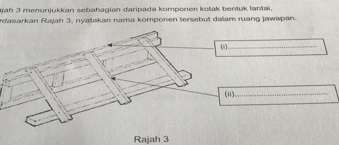 ajah 3 menunjukkan sebahagian daripada komponen kotak bentuk lantai, 
rdasarkan Rajah 3, nyatakan nama komponen tersebut dalam ruang jawapan. 
(i)_ 
(ii)_ 
Rajah 3