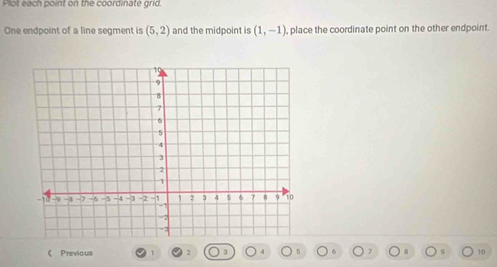 Plot each point on the coordinate grid. 
One endpoint of a line segment is (5,2) and the midpoint is (1,-1) , place the coordinate point on the other endpoint. 
《 Previous 1 2 3 4 5 6 7 8 10