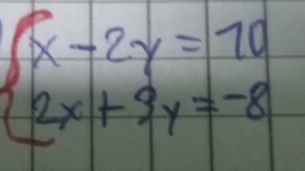 beginarrayl x-2y=10 2x+3y=-8endarray.