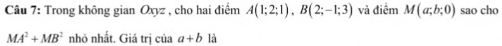 Trong không gian Oxyz , cho hai điểm A(1;2;1), B(2;-1;3) và điểm M(a;b;0) sao cho
MA^2+MB^2 nhỏ nhất. Giá trị của a+b là