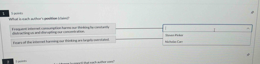 1 5 points
What is each author's position (claim)?
Frequent internet consumption harms our thinking by constantly
I ^
distracting us and disrupting our concentration.
Steven Pinker
Fears of the internet harming our thinking are largely overstated. Nicholas Carr
2 5 points
re (support) that each author uses?