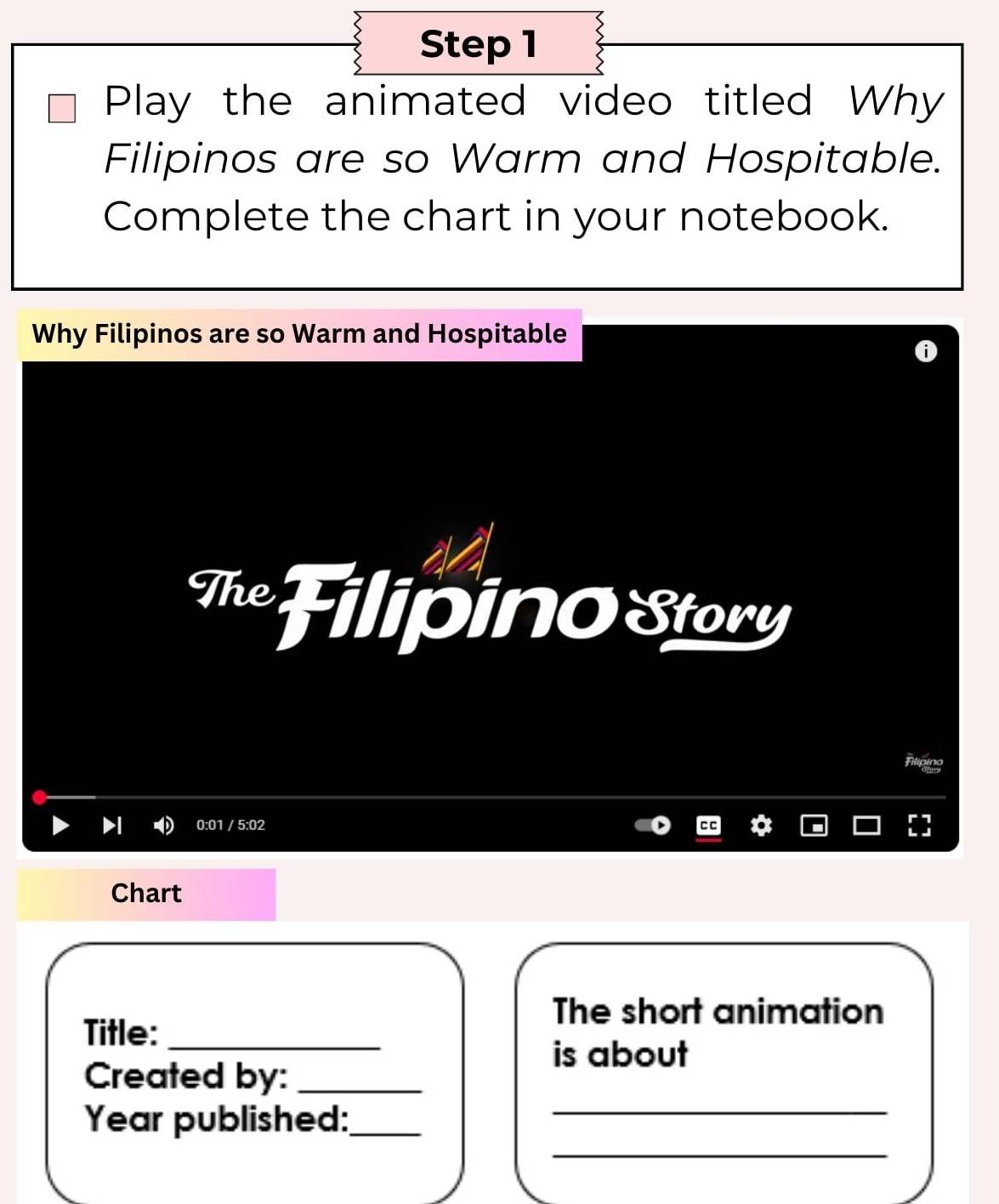 Play the animated video titled Why 
Filipinos are so Warm and Hospitable. 
Complete the chart in your notebook. 
Why Filipinos are so Warm and Hospitable 
The Filipino Story 
fping 
0:01 / 5:02 
Chart 
The short animation 
Title:_ 
is about 
Created by:_ 
Year published:__ 
_