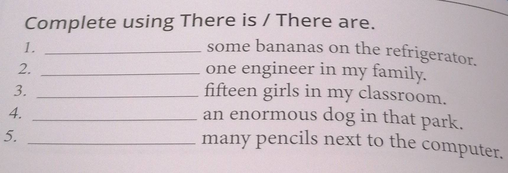 Complete using There is / There are. 
1._ 
some bananas on the refrigerator. 
2. _one engineer in my family. 
3._ 
fifteen girls in my classroom. 
4._ 
an enormous dog in that park. 
5._ 
many pencils next to the computer.