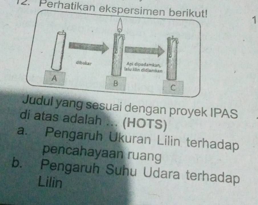 Perhatikan ek
1
udul yang sesuai dengan proyek IPAS
di atas adalah ... (HOTS)
a. Pengaruh Ukuran Lilin terhadap
pencahayaan ruang
b. Pengaruh Suhu Udara terhadap
Lilin