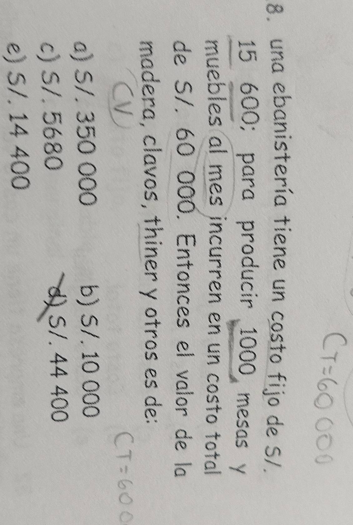 una ebanistería tiene un costo fijo de S/.
15 600; para producir 1000 mesas y
muebles al mes incurren en un costo total
de S/. 60 000. Entonces el valor de la
madera, clavos, thiner y otros es de:
a) S/. 350 000 b) S/. 10 000
c) S/. 5680 d) S/. 44 400
e) S/. 14 400