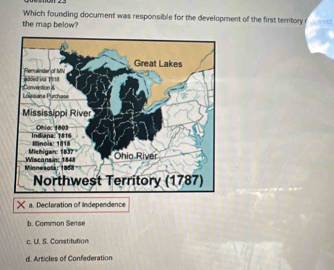 Which founding document was responsible for the development of the first territory r
the map below?
a. Declaration of Independence
b. Common Sense
c. U. S. Constitution
d. Articles of Confederation