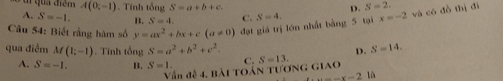 A(0;-1). Tính tổng S=a+b+c. D. S=2.
A. S=-1. C. S=4. 
Câu 54: Biết rằng hàm số y=ax^2+bx+c(a!= 0) đạt giá trị lớn nhất bằng 5 tại x=-2 và có đồ thị đi
B. S=4. 
qua điểm M(1;-1). Tính tổng S=a^2+b^2+c^2. D. S=14.
A. S=-1. B. S=1.
C. S=13. 
Vấn đề 4, bài toán tương giao
u=-x=2 à