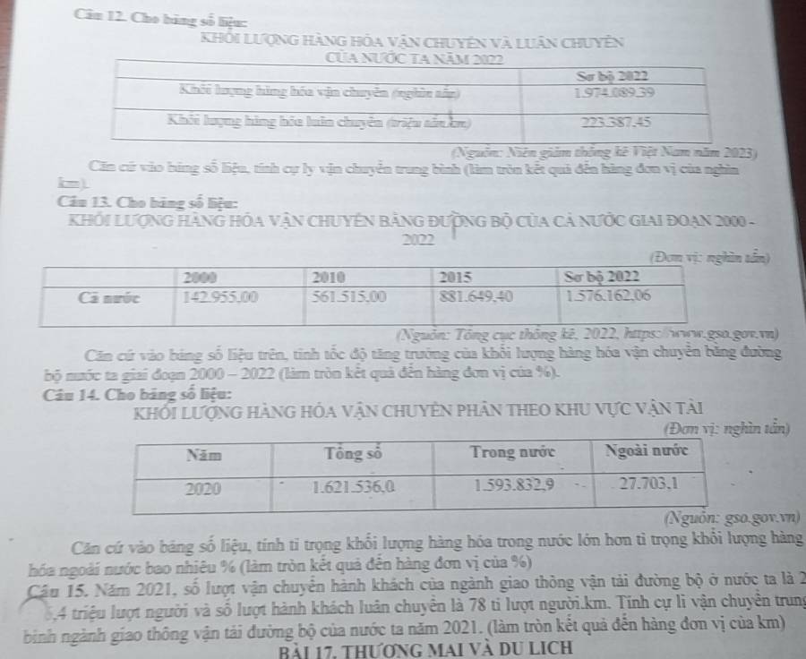 Câm 12. Cho bảng số liệu: 
Khỏi Lượng Hàng Hóa vận chuyên và Luân chuyên 
(Nguồn: Niên giảm thông kê Việt Nam năm 2023) 
Căn cứ vào búng số liệu, tính cự ly vận chuyển trung bình (làm tròn kết quả đến hàng đơn vị của nghìn 
km). 
Câu 13. Cho bảng số liệu: 
KHÔI LượnG HàNG HóA VậN CHUYêN bằng đượnG Bộ Của cả nƯỚc GIAI Đoạn 2000 - 
2022 
) 
(Nguồn: Tổng cục thông ko.gov.vn) 
Căn cứ vào bảng số liệu trên, tinh tốc độ tăng trưởng của khổi lượng hàng hóa vận chuyên băng đường 
bộ nước ta giai đoạn 2000 - 2022 (làm tròn kết quả đến hàng đơn vị của %). 
Câu 14. Cho bảng số liệu: 
Khỏi Lượng hàng hóa vận chuyên phân thEO khU Vực vận tài 
n tần) 
gov.vn) 
Căn cứ vào bảng số liệu, tính ti trọng khối lượng hàng hóa trong nước lớn hơn tỉ trọng khổi lượng hàng 
hóa ngoài nước bao nhiêu % (làm tròn kết quả đến hàng đơn vị của %) 
Cầu 15. Năm 2021, số lượt vận chuyển hành khách của ngành giao thông vận tải đường bộ ở nước ta là 2
5, 4 triệu lượt người và số lượt hành khách luân chuyển là 78 ti lượt người. km. Tính cự lì vận chuyển trung 
bình ngành giao thông vận tải đường bộ của nước ta năm 2021. (làm tròn kết quả đến hàng đơn vị của km) 
Bài 17, thương Mai và du Lịch