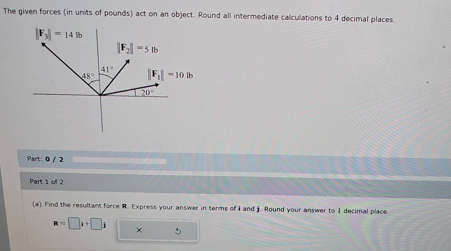 The given forces (in units of pounds) act on an object. Round all intermediate calculations to 4 decimal places.
Part: 0 / 2
Part 1 of 2
(a) Find the resultant force R. Express your answer in terms of i and j. Round your answer to 1 decimal place.
Rapprox □ i+□ j ×