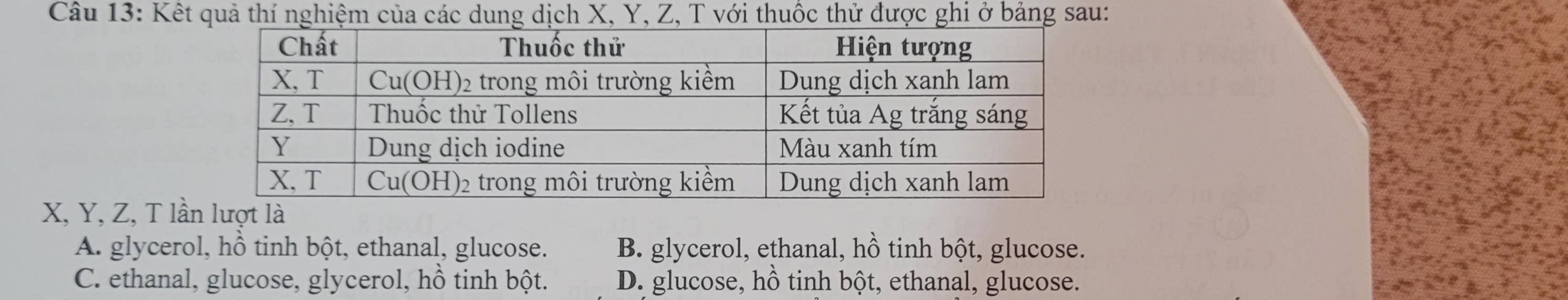 Kết quả thí nghiệm của các dung dịch X, Y, Z, T với thuốc thử được ghi ở bảng sau:
X, Y, Z, T lầlượt là
A. glycerol, hồ tinh bột, ethanal, glucose. B. glycerol, ethanal, hồ tinh bột, glucose.
C. ethanal, glucose, glycerol, hồ tinh bột. D. glucose, hồ tinh bột, ethanal, glucose.