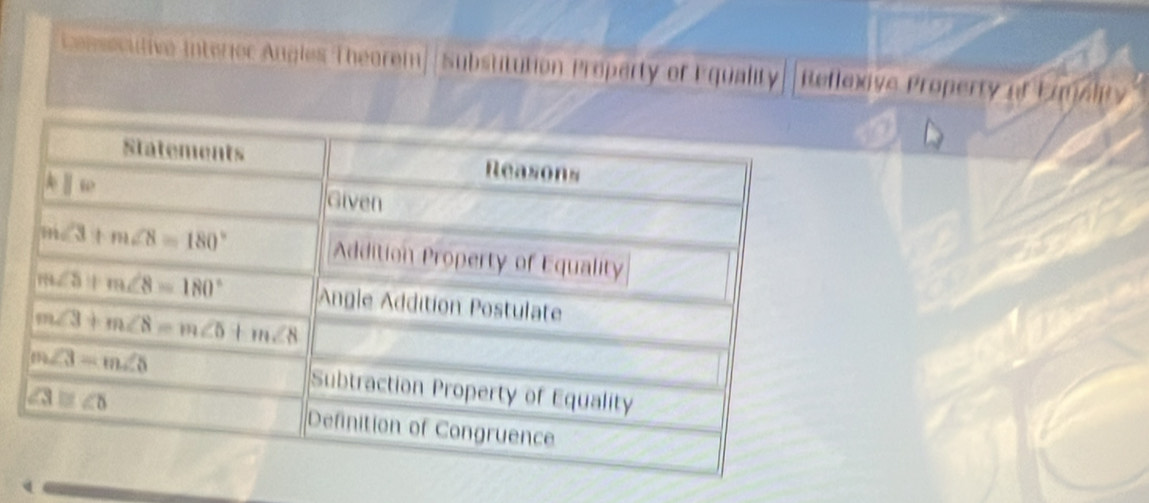 Lobsecutive Interioc Angles Theorem]|Substitution Property of Equality Reflaxive Property of Eamality