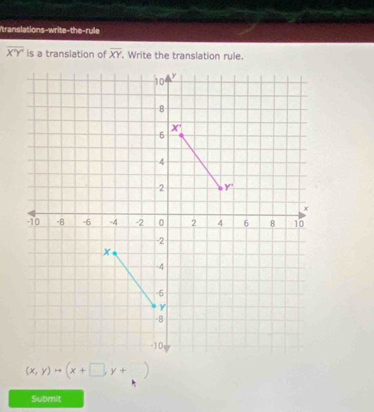 translations-write-the-rule
overline X'Y' is a translation of overline XY. Write the translation rule.
(x,y)to (x+□ ,y+□ )
Submit