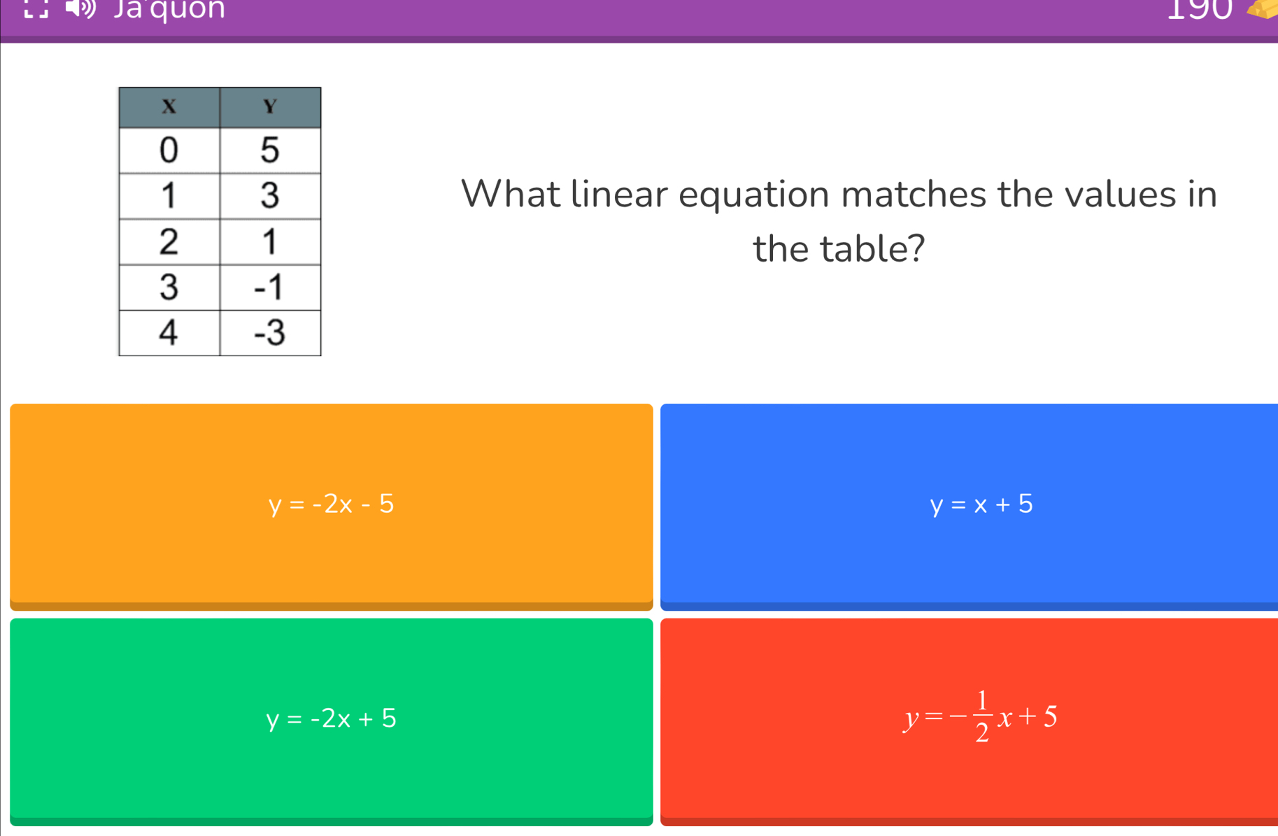 Já quốn 190
What linear equation matches the values in
the table?
y=-2x-5
y=x+5
y=-2x+5
y=- 1/2 x+5