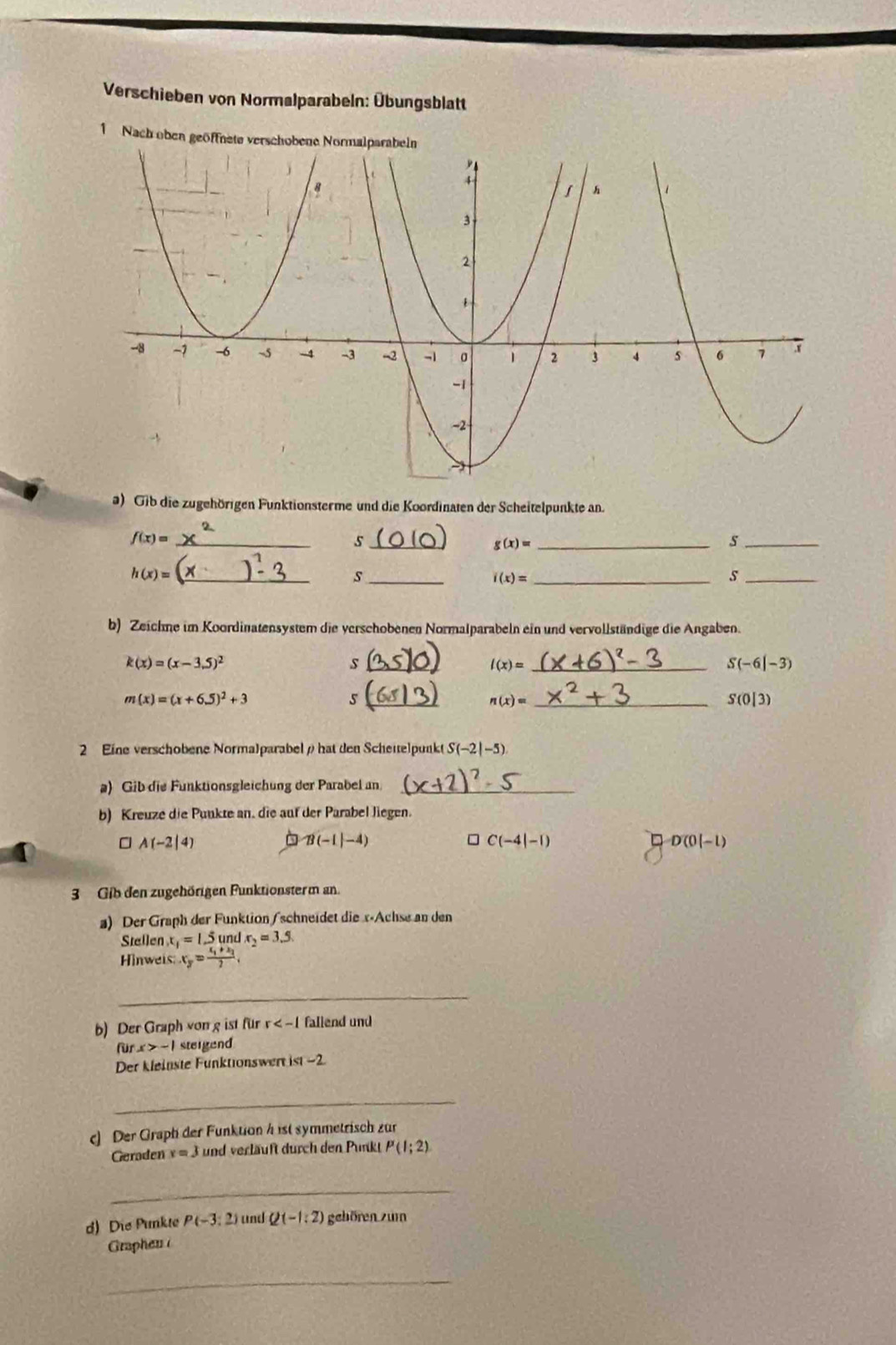 Verschieben von Normalparabeln: Übungsblatt
1 Nach oben geöffnete verschobene Normalparabeln
a) Gib die zugehörigen Funktionsterme und die Koordinaten der Scheitelpunkte an.
f(x)= _
_5
_ g(x)=
_
h(x)= _
_s
_ i(x)=
_s
b) Zeichne im Koordinatensystem die verschobenen Normalparabeln ein und vervollständige die Angaben.
k(x)=(x-3.5)^2
_s
_ l(x)=
S(-6|-3)
S
m(x)=(x+6.5)^2+3 __S'(0[3)
n(x)=
2 Eine verschobene Norma)parabel / hat den Scheitelpunk S(-2|-5)
a) Gib die Funktionsgleichung der Parabel an_
b) Kreuze die Punkte an. die auf der Parabel liegen.
□ A(-2|4)
B(-1|-4)
C(-4|-1)
D'(0|-l)
3 Gib den zugehörigen Funktionsterm an.
a) Der Graph der Funktion /schneidet die x-Achse an den
Stellen x_1=1.5 und r_2=3.5
Hinwers: x_y=frac x_1+x_22.
_
b) Der Graph von g ist für r fallend und
furx>-1 steigend
Der kleinste Funktionswert ist −2
_
c) Der Graph der Funktion 4 ist symmetrisch zur
Geraden x=3 und verläuft durch den Punkt P(1;2)
_
d) Die Pinkte P(-3:2) ) und Q(-1:2) gehören zum
Graphen i
_