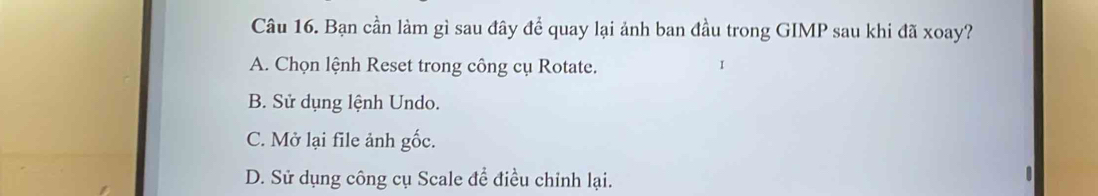 Bạn cần làm gì sau đây để quay lại ảnh ban đầu trong GIMP sau khi đã xoay?
A. Chọn lệnh Reset trong công cụ Rotate.
B. Sử dụng lệnh Undo.
C. Mở lại file ảnh gốc.
D. Sử dụng công cụ Scale để điều chỉnh lại.