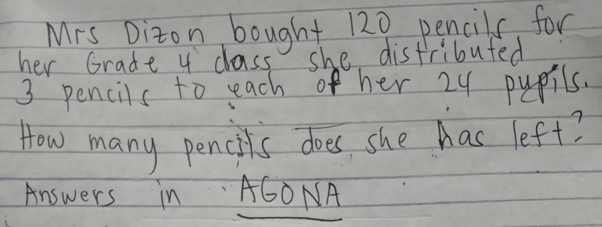 Mrs Dizon bought 120 pencils for 
her Grade 4 class she distributed
3 pencils to each of her 24 pupils. 
How many pencils does she has left? 
Answers in AGO0NA