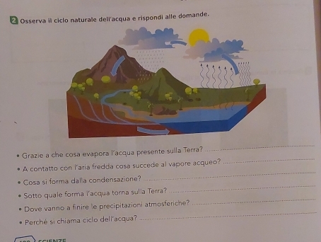 Osserva il ciclo naturale dell'acqua e rispondi alle domande. 
_ 
_ 
Grazie a che cosa evapora l'acqua presente sulla Terra? 
_ 
A contatto con l'aria fredda cosa succede al vapore acqueo? 
_ 
Cosa si forma dalla condensazione? 
_ 
Sotto quale forma l'acqua torna sulla Terra? 
_ 
Dove vanno a finire le precipitazioni atmosferiche? 
Perché si chiama ciclo dell'acqua?