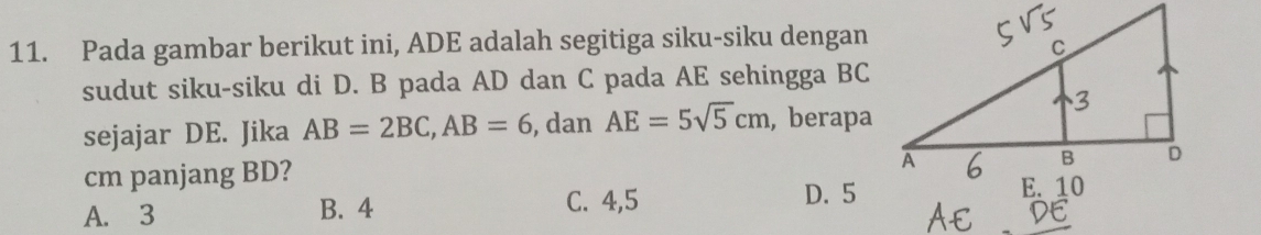 Pada gambar berikut ini, ADE adalah segitiga siku-siku dengan
sudut siku-siku di D. B pada AD dan C pada AE sehingga BC
sejajar DE. Jika AB=2BC, AB=6 , dan AE=5sqrt(5)cm , berapa
cm panjang BD?
A. 3 B. 4
C. 4,5 D. 5