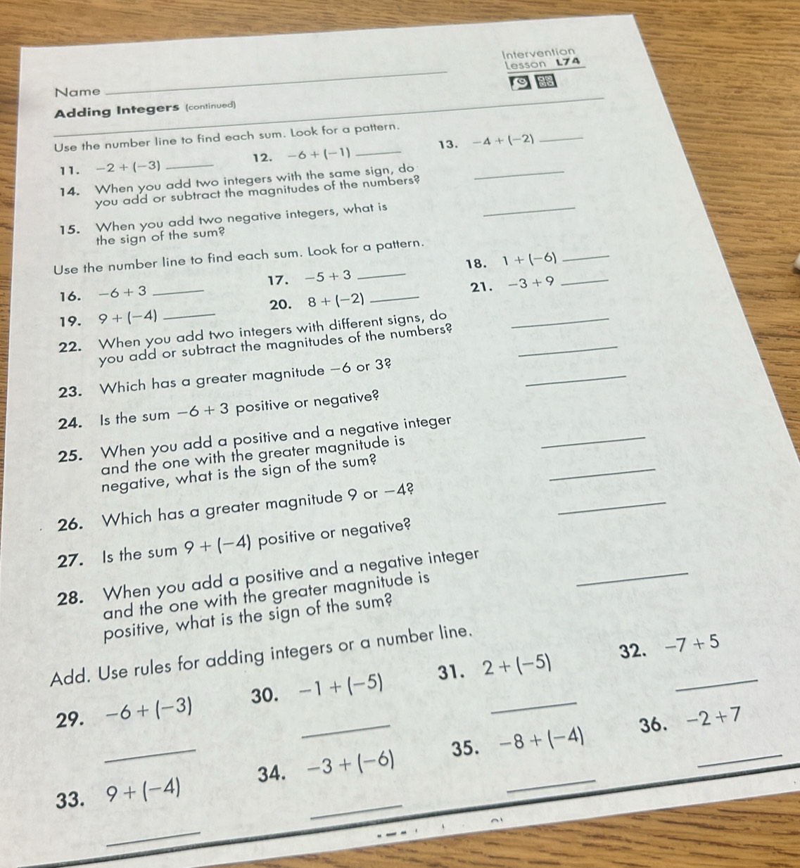 Solved: Intervention lesson L74 Name __9 Adding Integers (continued ...
