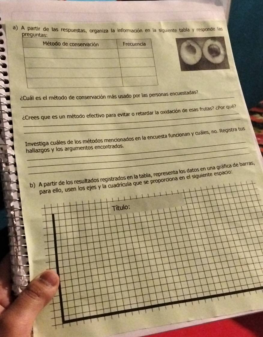 A partir de las respuestas, organiza la información en la siguiente tabla y responde las 
¿Cuál es el método de conservación más usado por las personas encuestadas? 
_ 
¿Crees que es un método efectivo para evitar o retardar la oxidación de esas frutas? ¿Por qué? 
_ 
Investiga cuáles de los métodos mencionados en la encuesta funcionan y cuáles, no. Registra tus 
_ 
hallazgos y los argumentos encontrados. 
ir de los resultados registrados en la tabla, representa los datos en una gráfica de barras, 
ue se proporciona en el siguiente espacio: