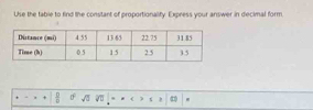 Use the table to find the constant of proportionality. Express your answer in decimal form