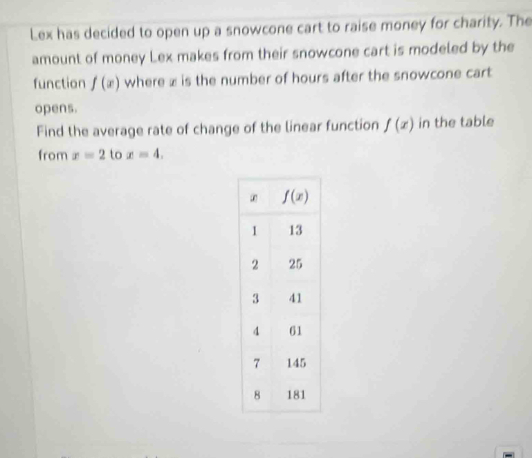 Lex has decided to open up a snowcone cart to raise money for charity. The
amount of money Lex makes from their snowcone cart is modeled by the
function f(x) where £ is the number of hours after the snowcone cart
opens.
Find the average rate of change of the linear function f(x) in the table
from x=2tox=4,