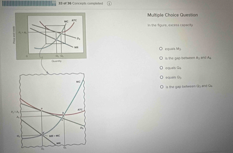 of 36 Concepts completed
Multiple Choice Question
In the figure, excess capacity
equals M_3.
is the gap between A_3 and A_4.
equals Q_4.
equals Q_3.
is the gap between Q_3 and Q_4
O_3