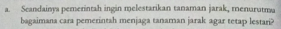 Seandainya pemerintah ingin melestarikan tanaman jarak, menurutmu 
bagaimana cara pemerintah menjaga tanaman jarak agar tetap lestari?