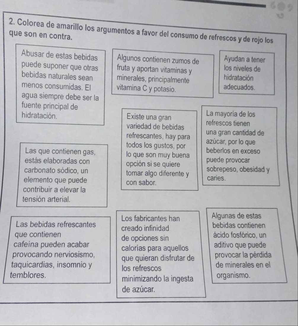 Colorea de amarillo los argumentos a favor del consumo de refrescos y de rojo los 
que son en contra. 
Abusar de estas bebidas Algunos contienen zumos de Ayudan a tener 
puede suponer que otras fruta y aportan vitaminas y 
los niveles de 
bebidas naturales sean minerales, principalmente 
hidratación 
menos consumidas. El vitamina C y potasio. 
adecuados. 
agua siempre debe ser la 
fuente principal de 
hidratación. 
Existe una gran 
La mayoria de los 
variedad de bebidas refrescos tienen 
refrescantes, hay para una gran cantidad de 
todos los gustos, por azúcar, por lo que 
Las que contienen gas, lo que son muy buena beberlos en exceso 
puede provocar 
estás elaboradas con opción si se quiere sobrepeso, obesidad y 
carbonato sódico, un tomar algo diferente y caries. 
elemento que puede con sabor. 
contribuir a elevar la 
tensión arterial. 
Los fabricantes han Algunas de estas 
Las bebidas refrescantes creado infinidad bebidas contienen 
que contienen de opciones sin 
ácido fosfórico, un 
cafeina pueden acabar aditivo que puede 
calorías para aquellos 
provocando nerviosismo, que quieran disfrutar de provocar la pérdida 
taquicardias, insomnio y Ios refrescos de minerales en el 
temblores. organismo. 
minimizando la ingesta 
de azúcar.