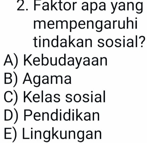 Faktor apa yang
mempengaruhi
tindakan sosial?
A) Kebudayaan
B) Agama
C) Kelas sosial
D) Pendidikan
E) Lingkungan