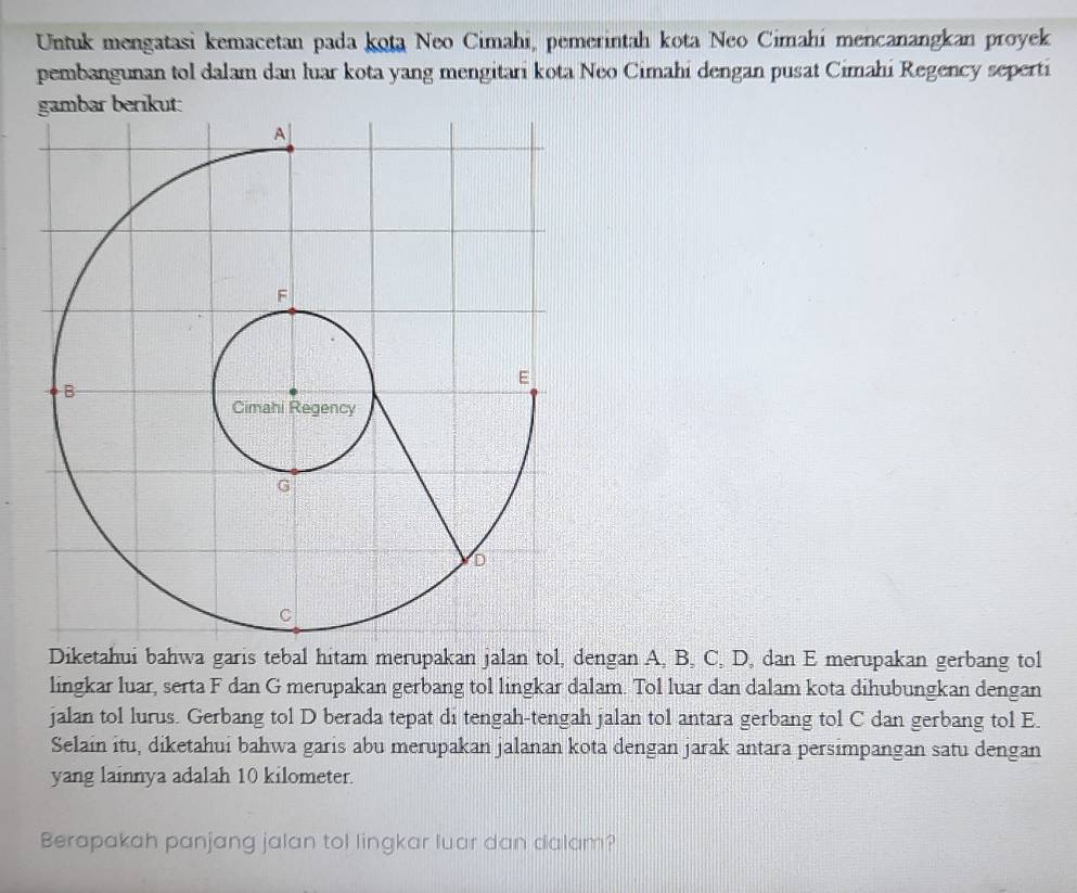 Untuk mengatasi kemacetan pada kota Neo Cimahi, pemerintah kota Neo Cimahi mencanangkan proyek 
pembangunan tol dalam dan luar kota yang mengitari kota Neo Cimahi dengan pusat Cimahi Regency seperti 
gambar berikut: 
Diketahui bahwa garis tebal hitam merupakan jalan tol, dengan A, B, C, D, dan E merupakan gerbang tol 
lingkar luar, serta F dan G merupakan gerbang tol lingkar dalam. Tol luar dan dalam kota dihubungkan dengan 
jalan tol lurus. Gerbang tol D berada tepat di tengah-tengah jalan tol antara gerbang tol C dan gerbang tol E. 
Selain itu, diketahui bahwa garis abu merupakan jalanan kota dengan jarak antara persimpangan satu dengan 
yang lainnya adalah 10 kilometer. 
Berapakah panjang jalan tol lingkar luar dan dalam?