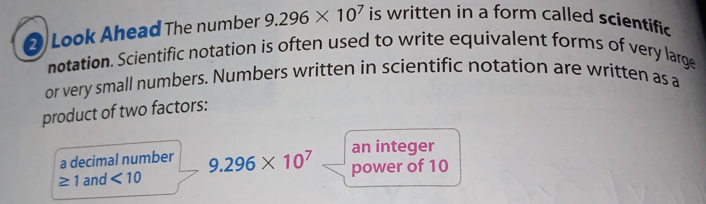 Look Ahead The number 9.296* 10^7 is written in a form called scientific 
notation. Scientific notation is often used to write equivalent forms of very large 
or very small numbers. Numbers written in scientific notation are written as a 
product of two factors: 
an integer 
a decimal number
9.296* 10^7
power of 10
≥ 1 and <10</tex>