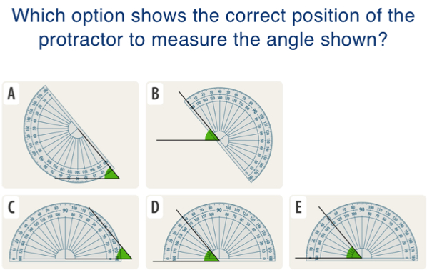 Which option shows the correct position of the
protractor to measure the angle shown?
A