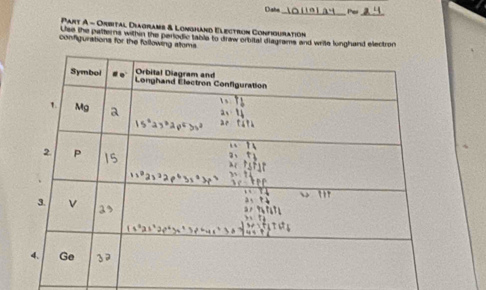 Date_ Par_ 
Part A - Orbital Diagrams & Longhand Electron Configuration 
Use the patterns within the periodic table to draw orbital diagrams and write longhand electron 
configurations for the following stoms