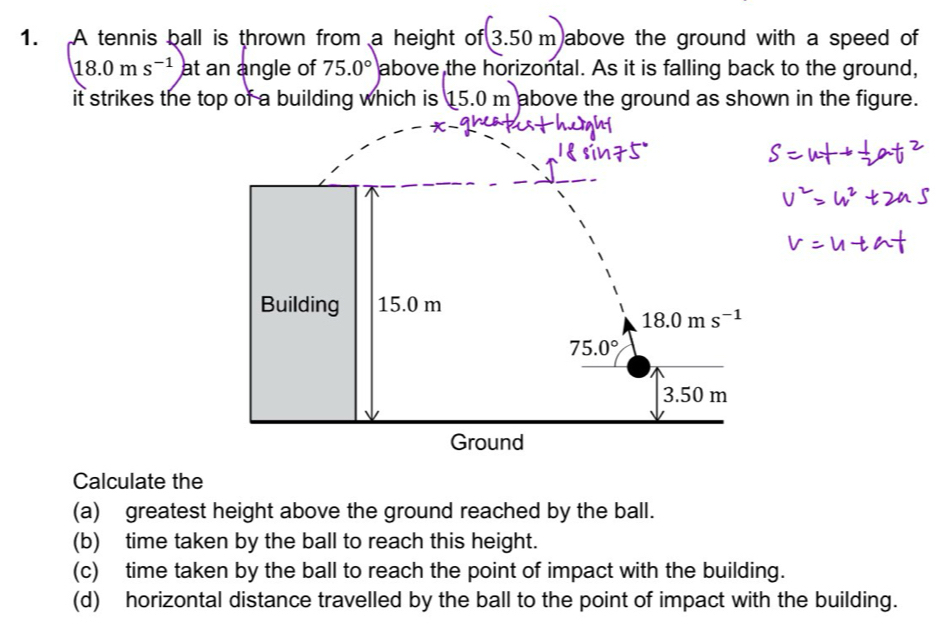 A tennis ball is thrown from a height of (3.50m) above the ground with a speed of
(18.0ms^(-1)) at an angle of 75.0° above the horizontal. As it is falling back to the ground, 
it strikes the top of a building which is 15.0m above the ground as shown in the figure. 
Building 15.0 m
18.0ms^(-1)
75.0°
3.50 m
Ground 
Calculate the 
(a) greatest height above the ground reached by the ball. 
(b) time taken by the ball to reach this height. 
(c) time taken by the ball to reach the point of impact with the building. 
(d) horizontal distance travelled by the ball to the point of impact with the building.