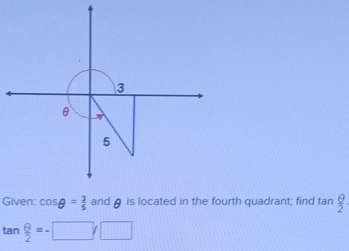 3
θ
5 
Given: cos θ = 3/5  and θ is located in the fourth quadrant; find tan  θ /2 
tan  θ /2 =-□ /□