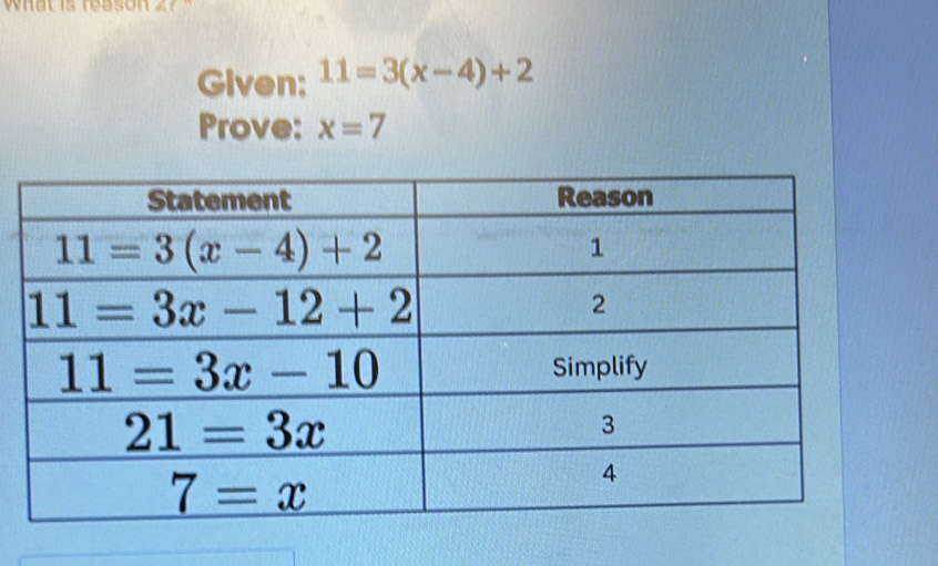 what  is reason       
Given: 11=3(x-4)+2
Prove: x=7