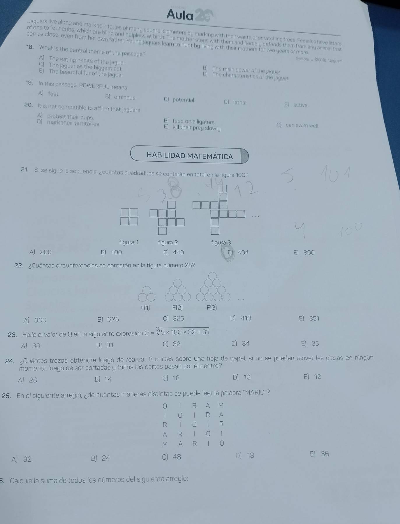 Aula
Jaguars live alone and mark territories of many square kilometers by marking with their waste or scratching trees. Females have litters
of one to four cubs, which are blind and helpless at birth. The mother stays with them and fiercely defends them from any animal that
comes close, even from her own father. Young jaguars learn to hunt by living with their mothers for two years or more.
18. What is the central theme of the passage?
Sartore, J. (2019) ''Jaguar''
A) The eating habits of the jaguar B) The main power of the jaguar
C) The jaguar as the biggest cat D) The characteristics of the jaguar
E) The beautiful fur of the jaguar
19. In this passage, POWERFUL means
A) fast B) ominous. C)potential. D) lethal. E) active.
20. It is not compatible to affirm that jaguars
A) protect their pups B) feed on alligators.
D) mark their territories. E) kill their prey slowly C)  can swim well
HABILIDAD MATEMÁTICA
21. Si se sigue la secuencia, ¿cuántos cuadraditos se contarán en total en la figura 100?
figura 1 figura 2 figura 3
A) 200 B) 400 C) 440 D) 404 E) 800
22. ¿Cuántas circunferencias se contarán en la figura número 25?
F(2) F(3)
A) 300 B) 625 C) 325 D) 410 E) 351
23. Halle el valor de Q en la siguiente expresión Q=sqrt[3](5* 186* 32+31)
A] 30 B) 31 C) 32 D) 34 E] 35
24. ¿Cuántos trozos obtendré luego de realizar 8 cortes sobre una hoja de papel, si no se pueden mover las piezas en ningún
momento luego de ser cortadas y todos los cortes pasan por el centro?
A 20 B) 14 C) 18 D) 16 E) 12
25. En el siguiente arreglo, ¿de cuántas maneras distintas se puede leer la palabra "MARIO"?
0 R A M
0 R A
R 1 0 R
A R 1 0 |
M R 1 0
A) 32 B) 24 C) 48 D) 18
E 36
S. Calcule la suma de todos los números del siguiente arreglo: