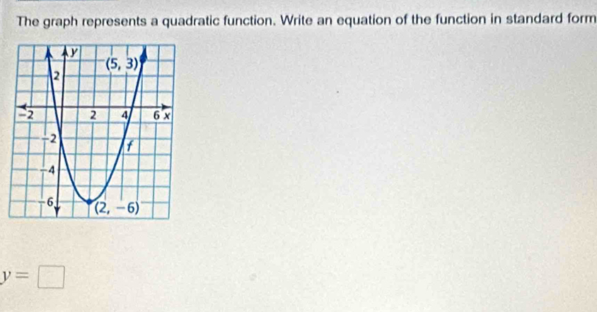 The graph represents a quadratic function. Write an equation of the function in standard form
y=□