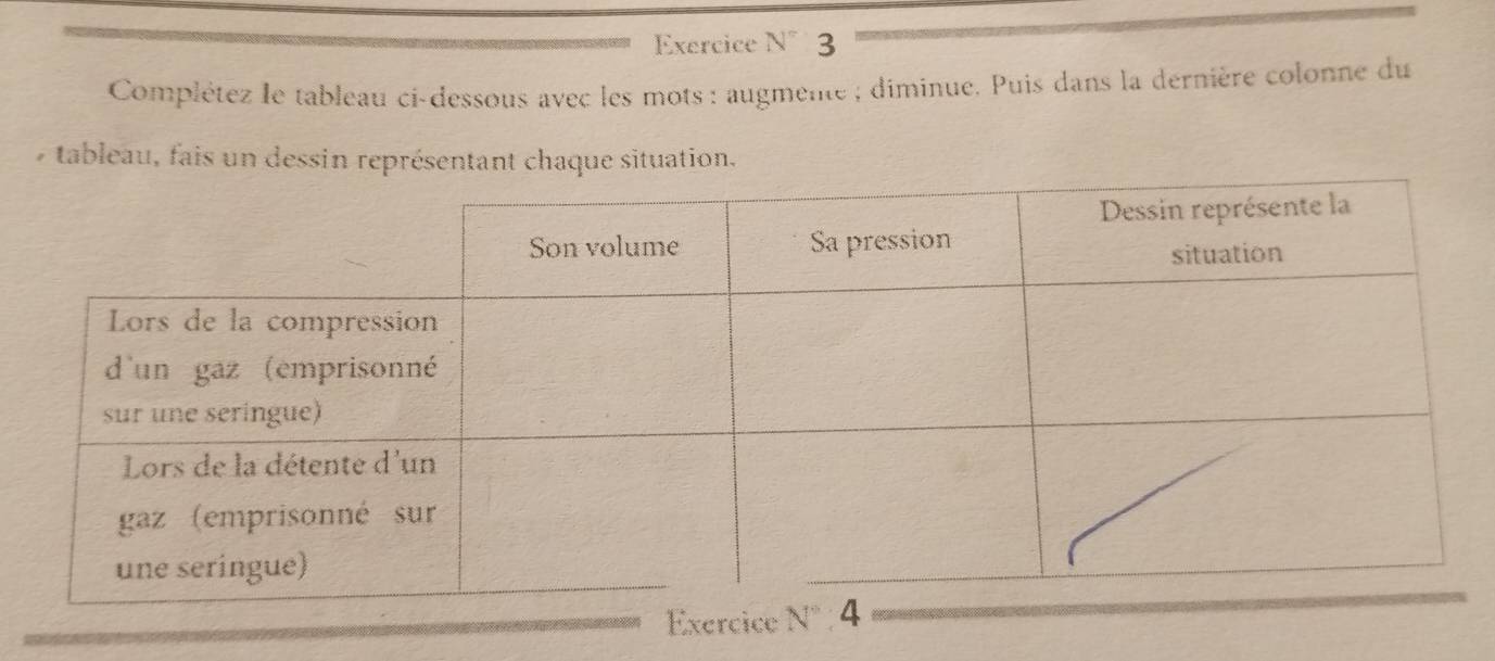 Exercice N° 3
Complétez le tableau ci-dessous avec les mots : augmente ; diminue. Puis dans la dernière colonne du
tableau, fais un dessin représentant chaque situation.
Exercice