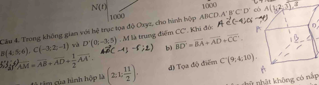 N(t)
1000
1000
Câu 4. Trong không gian với hệ trục tọa độ Oxyz, cho hình hộp ABCD. A'B'C'D'
B(4;5;6),C(-3;2;-1) và D'(0;-3;5). M là trung điểm CC'. Khi đó:
b) overline BD'=overline BA+overline AD+overline CC'.
a overline AM=overline AB+overline AD+ 1/2 overline AA'. (2;1; 11/2 ). d) Tọa độ điểm C'(9;4;10).
chữ nhật không có nắp
tô tâm của hình hộp là