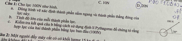 C. 10N D. 20N
Câu 1: Cho lực 100N như hình.
lực này.
a. Dùng hình vẽ xác định thành phần nằm ngang và thành phần thẳng đứng của
b. Tính độ lớn của mỗi thành phần lực.
c.Kiểm tra kết quả câu b bằng cách sử dụng định lí Pythagoras đề chứng tỏ rằng
hợp lực của hai thành phần bằng lực ban đầu (100N)
2ầu 2: Một người đầy máy cắt cỏ có khối lượng 15 km
lớn không đổi